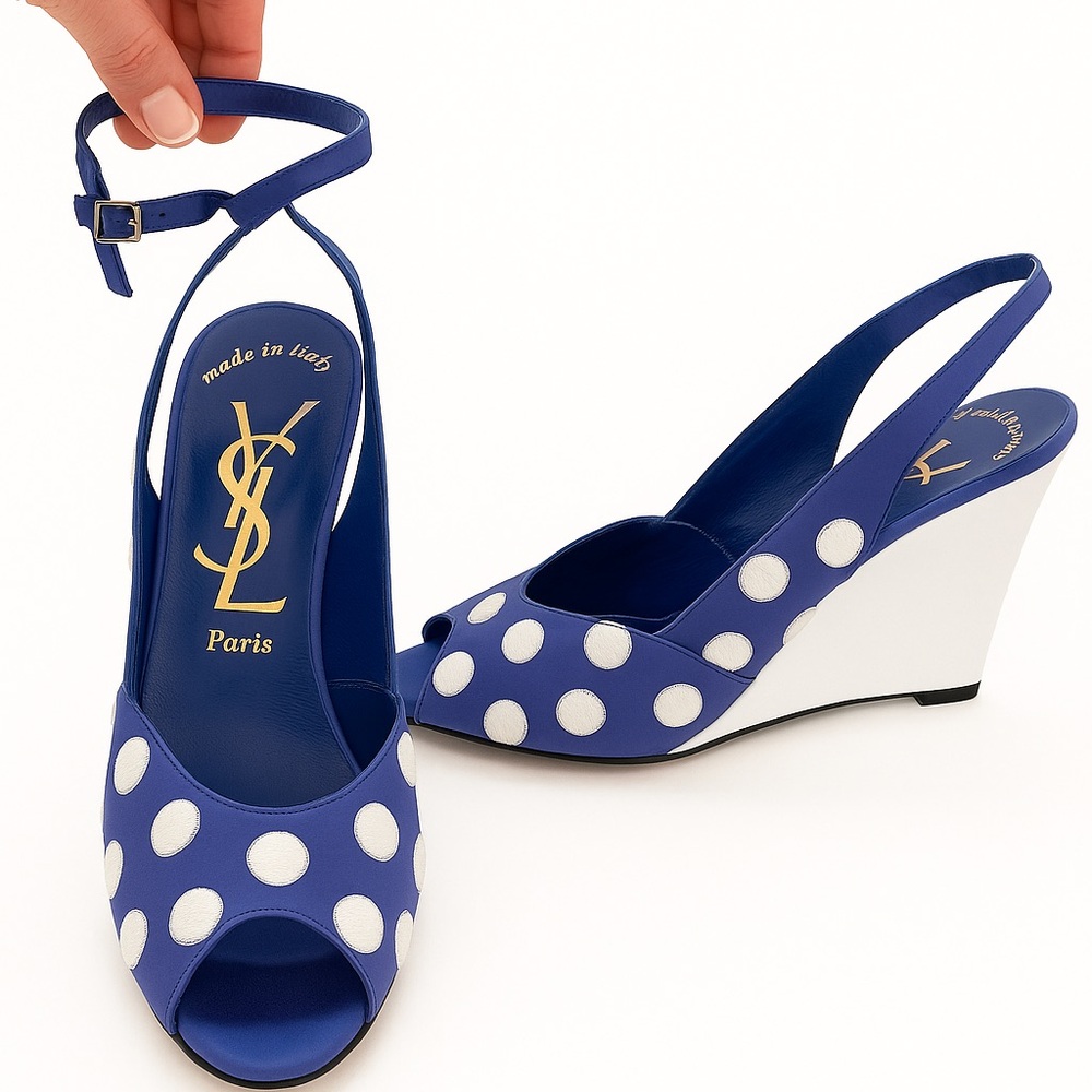 Yves Saint Laurent Blue and White Polka Dot Wedge Sandal Heels Made in Italy 7